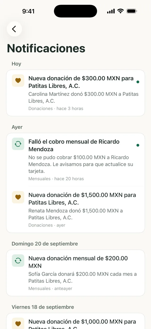 Aviso de una donación nueva en el teléfono