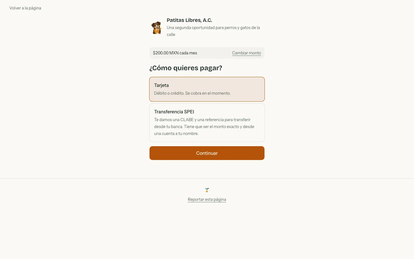 Paso "¿Cómo quieres pagar?" con las opciones Tarjeta y Transferencia SPEI