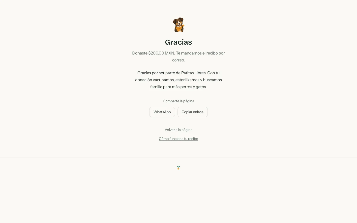 Pantalla de gracias con el logo de la causa, el monto donado, el agradecimiento y los botones para compartir la página