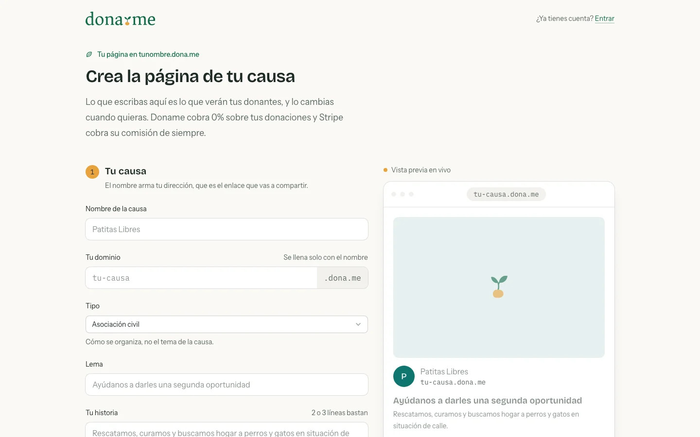 Formulario para crear la página de una causa, con la vista previa en vivo a la derecha