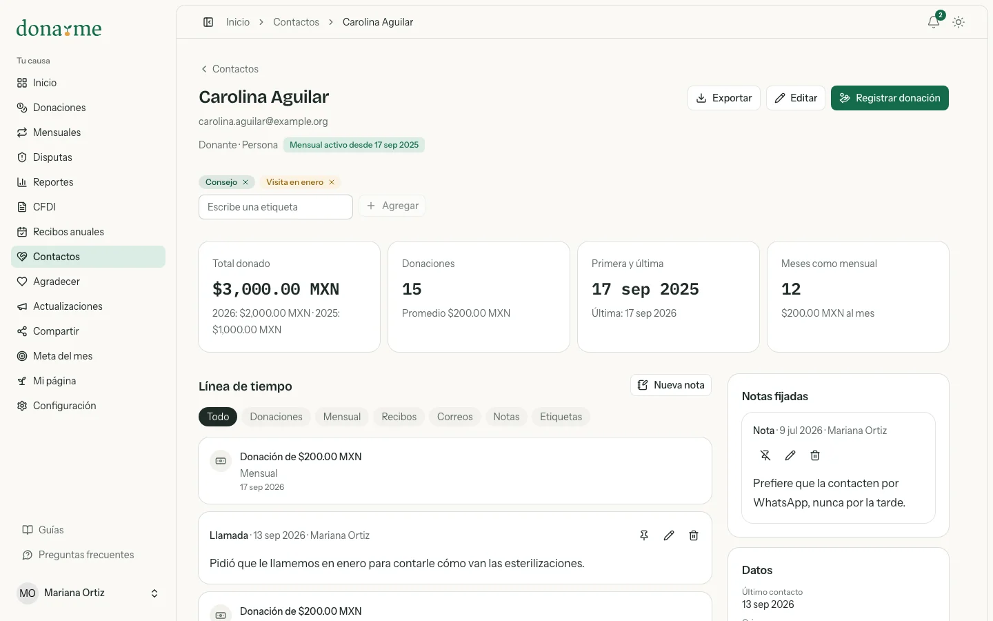 Perfil de un contacto con sus etiquetas, sus cifras, la línea de tiempo y las notas fijadas