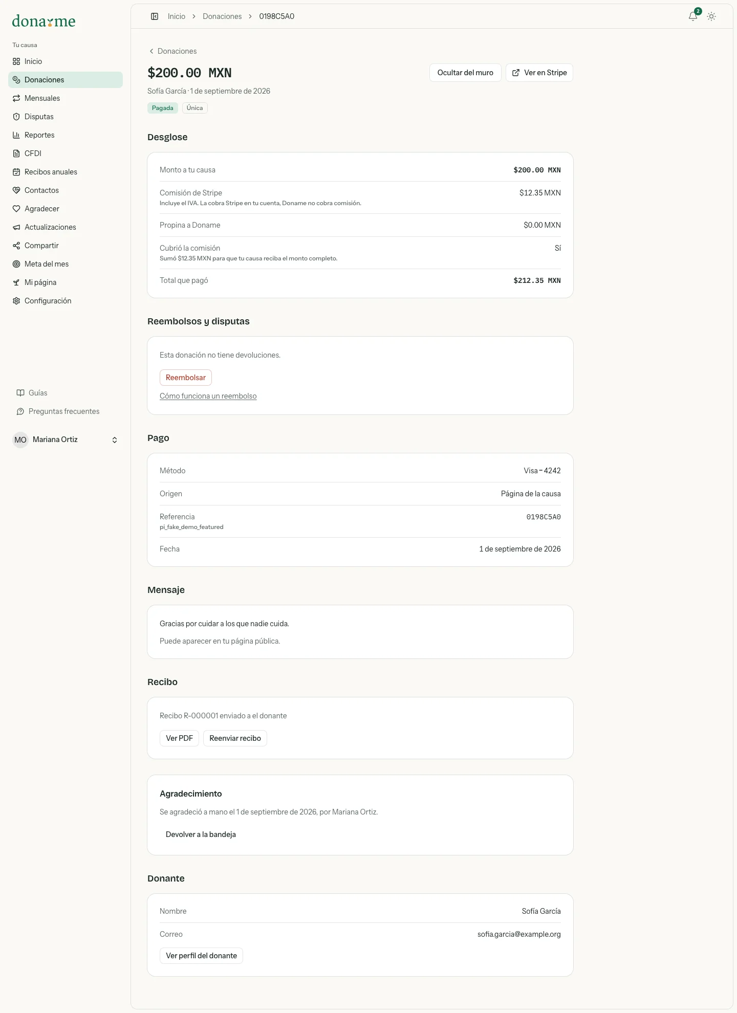 Detalle de una donación con desglose, pago, mensaje, recibo y datos del donante