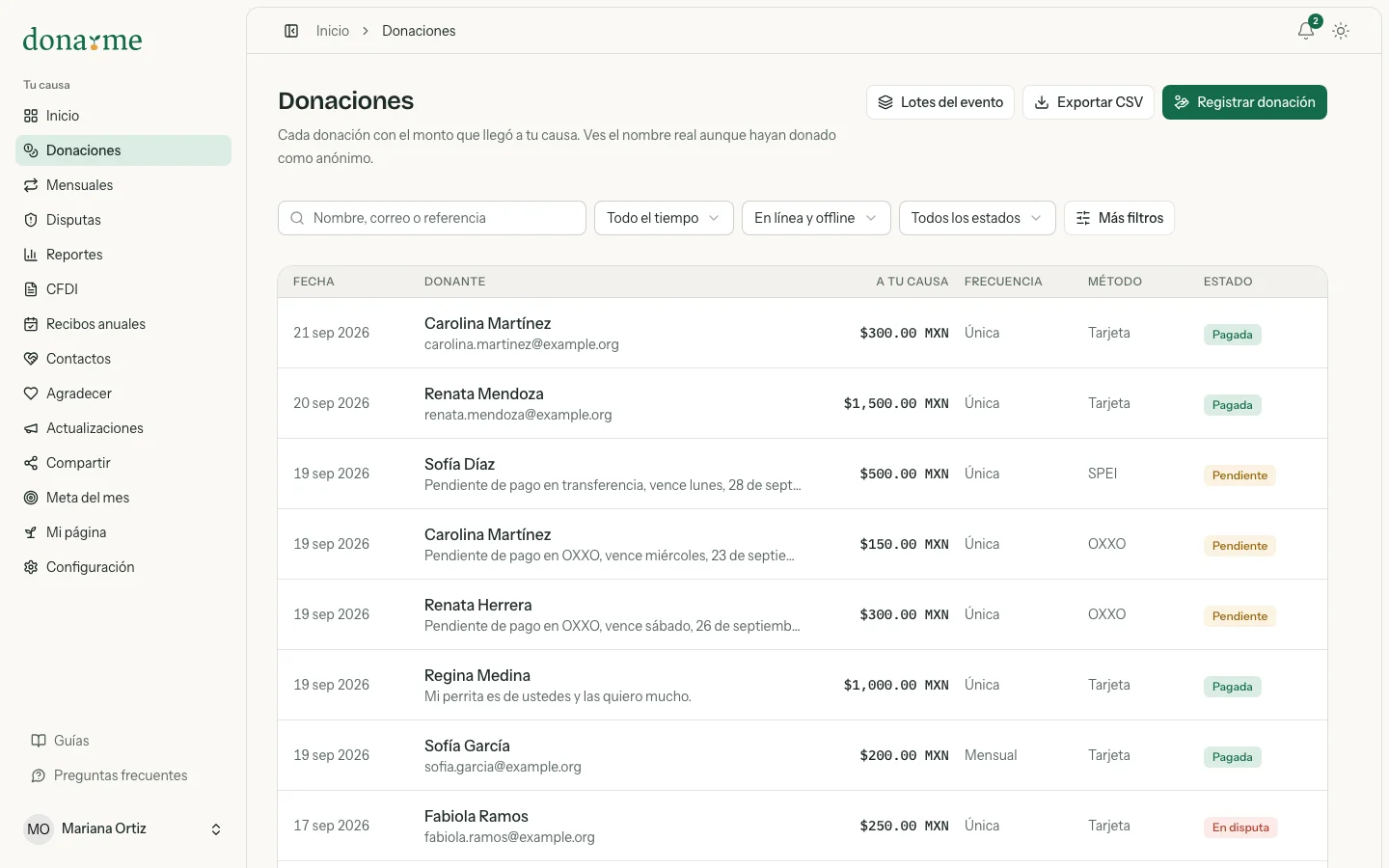 Lista de donaciones con las columnas Fecha, Donante, A tu causa, Frecuencia, Método y Estado