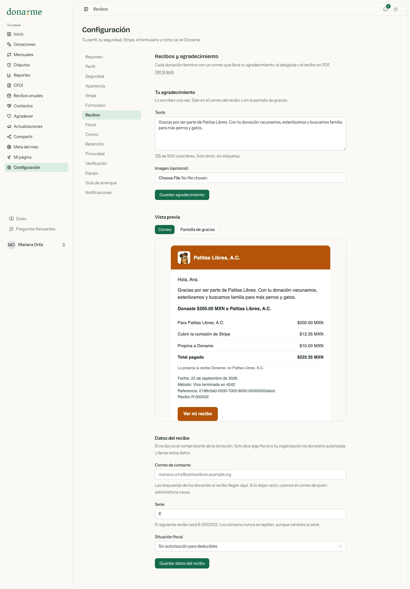 Configuración, Recibos, con el texto del agradecimiento, la vista previa del correo y los datos del recibo