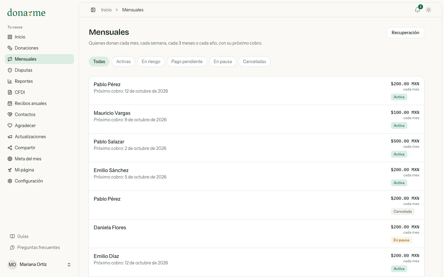 Lista de donaciones mensuales con su estado y su próximo cobro