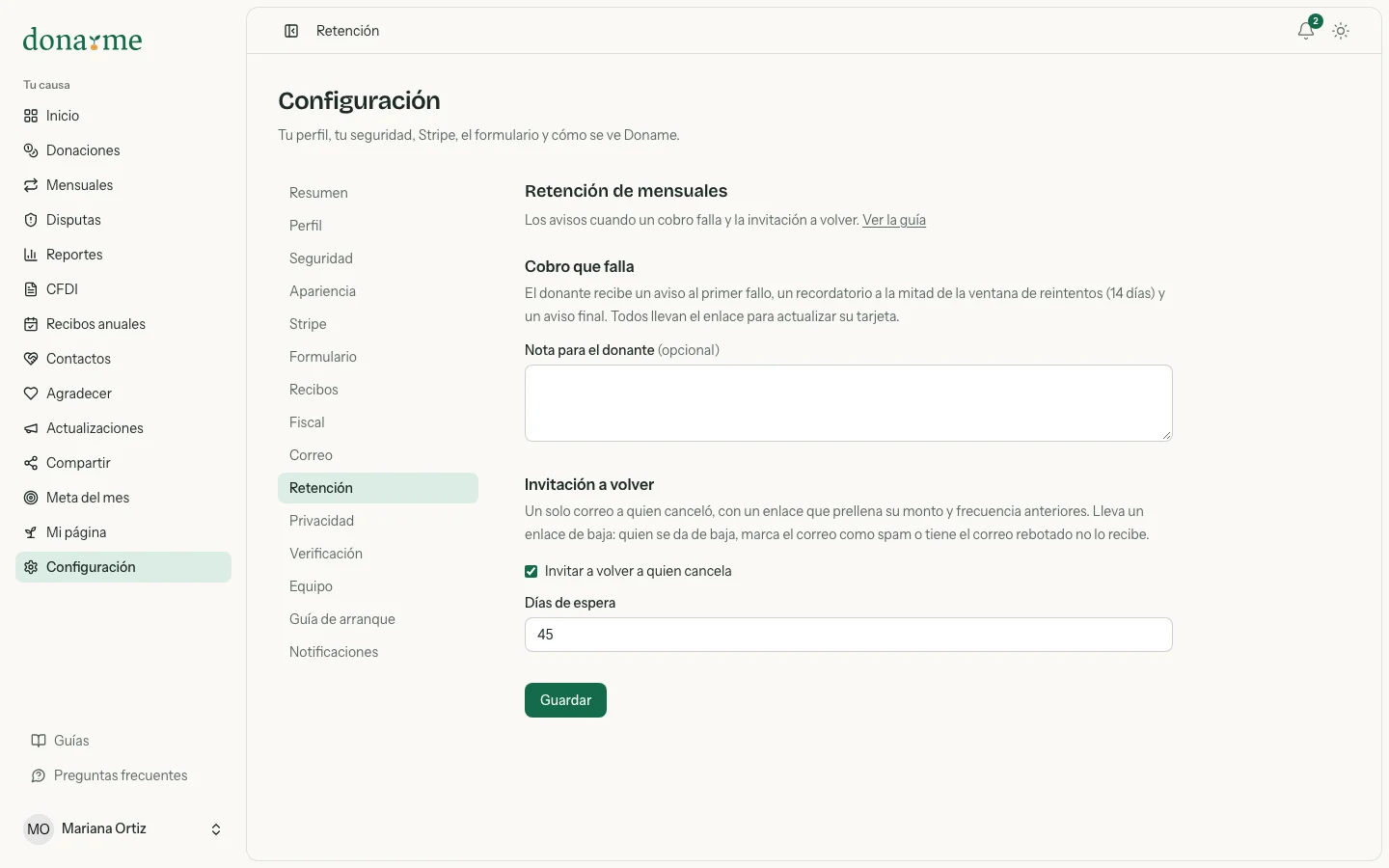 Configuración, Retención con la nota para el donante y la invitación a volver