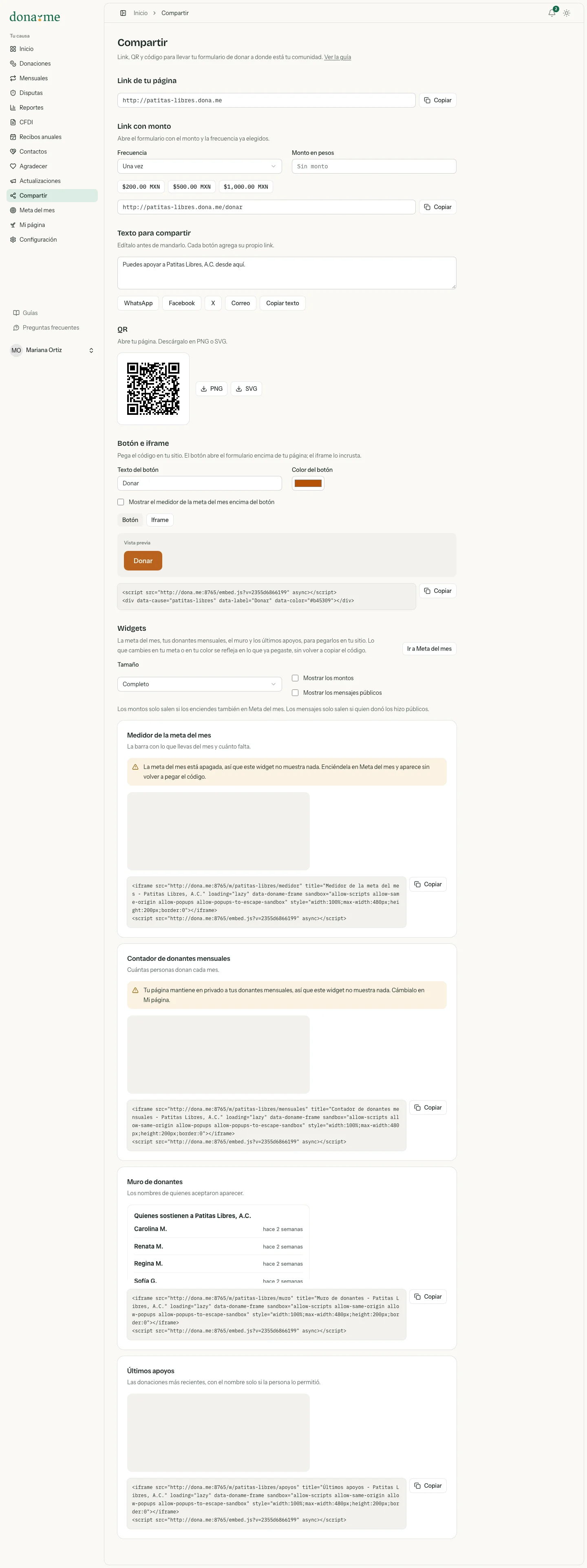 Sección Botón e iframe de Compartir con el texto y el color del botón, la vista previa y el código para copiar