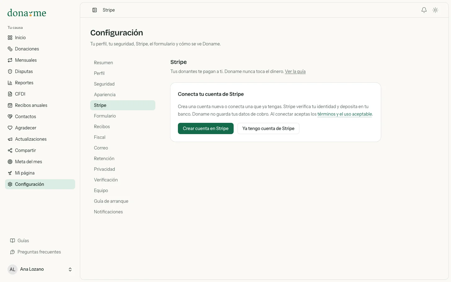Pantalla de Stripe en Configuración antes de conectar, con el botón Crear cuenta en Stripe
