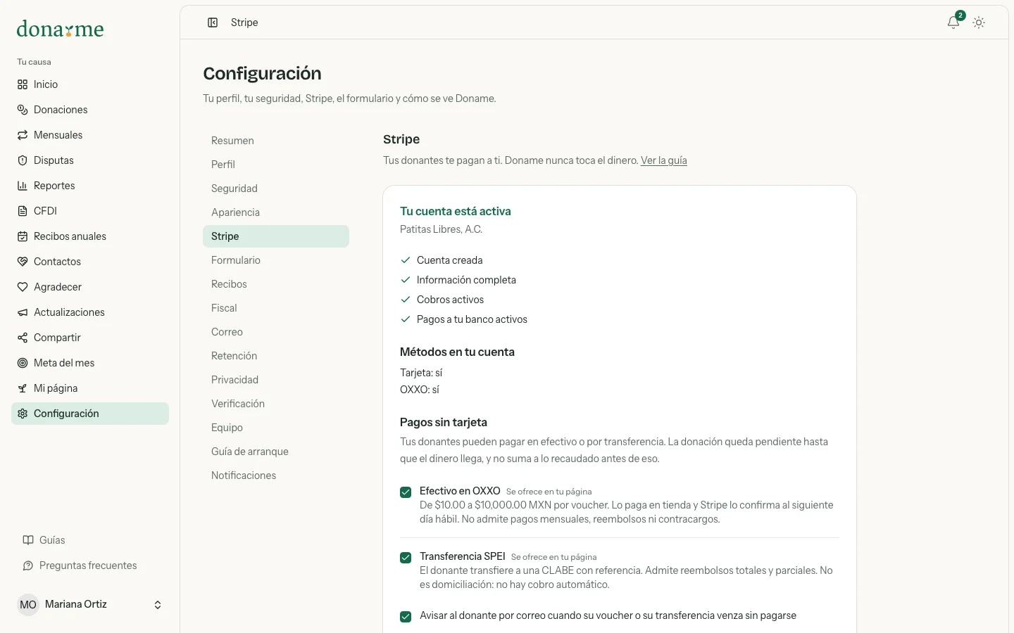 Stripe con la cuenta activa, sus cuatro marcas en verde y los métodos disponibles