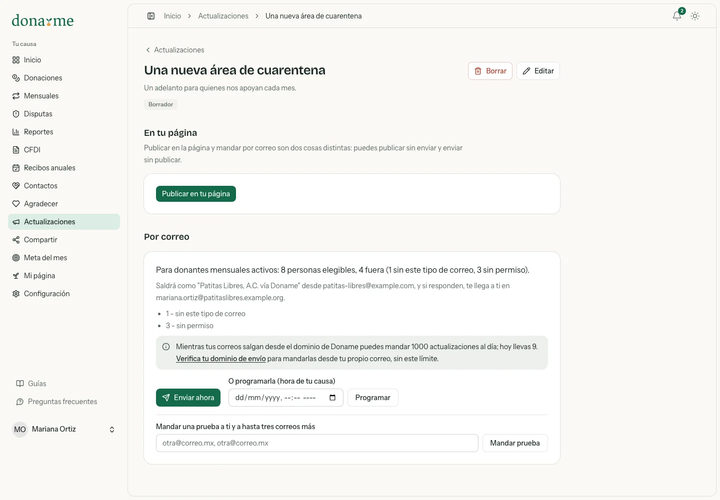 Borrador con el conteo de destinatarios, el remitente, el envío programado y la prueba