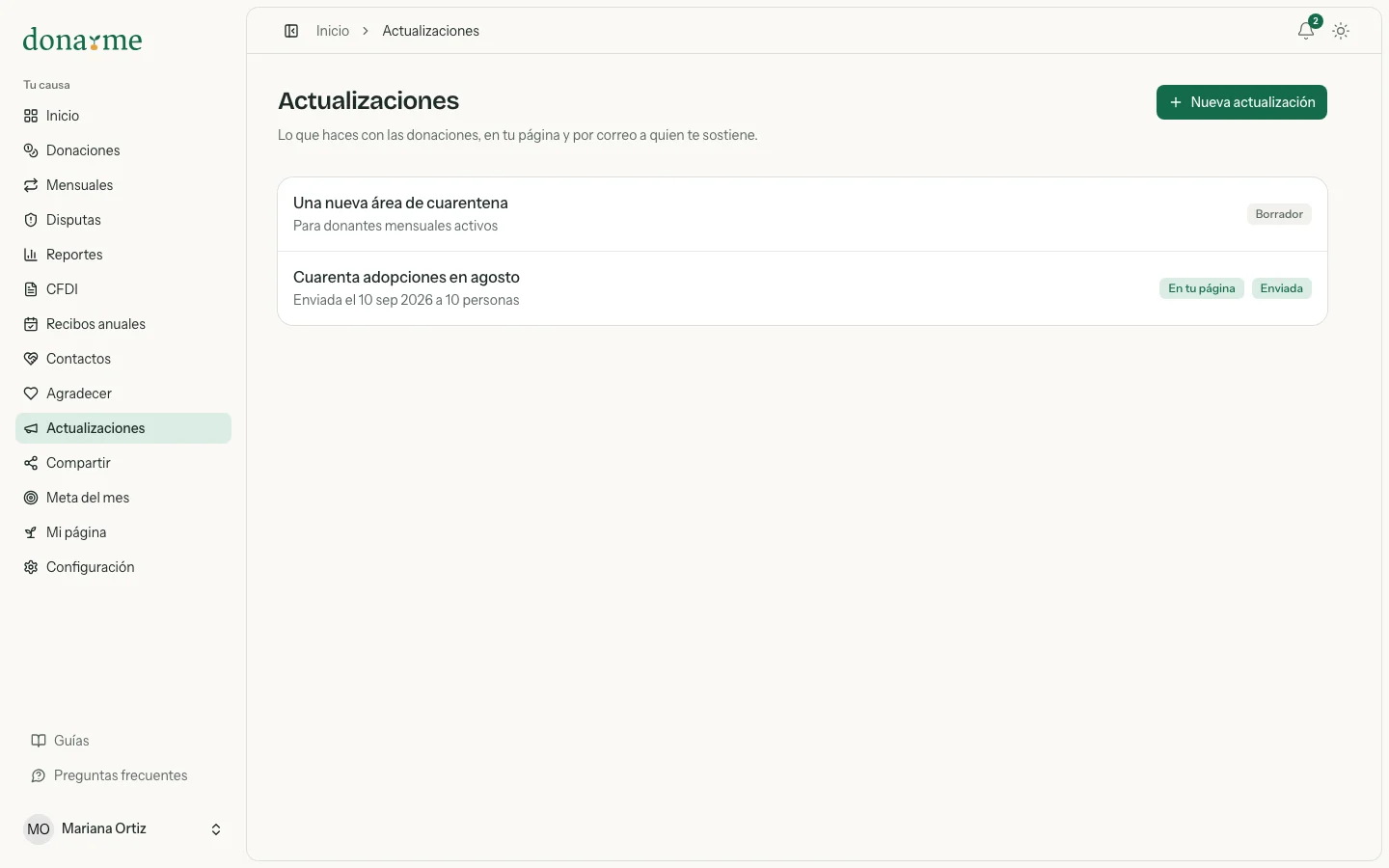 Lista de actualizaciones de una causa en el panel