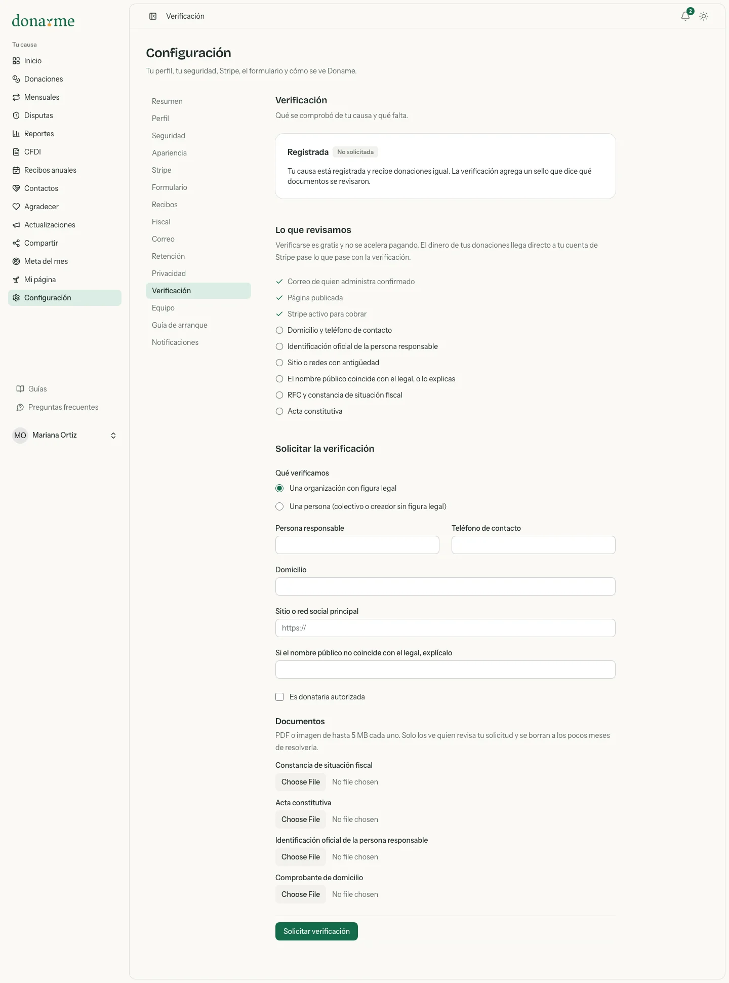 Pantalla Verificación con el nivel Registrada, lo que se revisa y el formulario para solicitarla