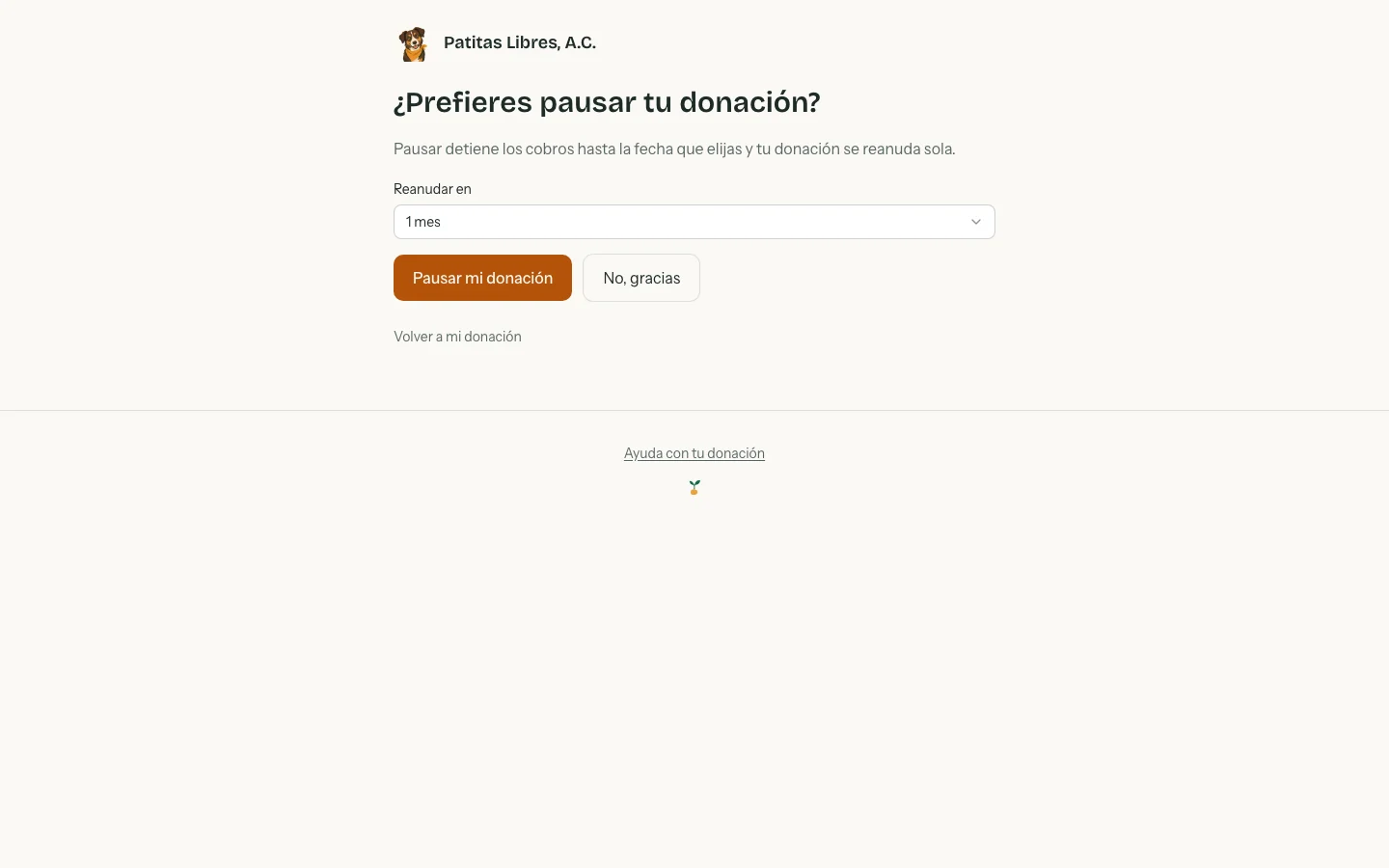 Pantalla del portal que ofrece pausar la donación antes de cancelarla, con el botón Pausar mi donación y el botón No, gracias