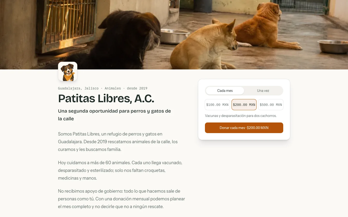 Página pública de una causa con portada, logo, nombre, lema, historia y el bloque para donar cada mes