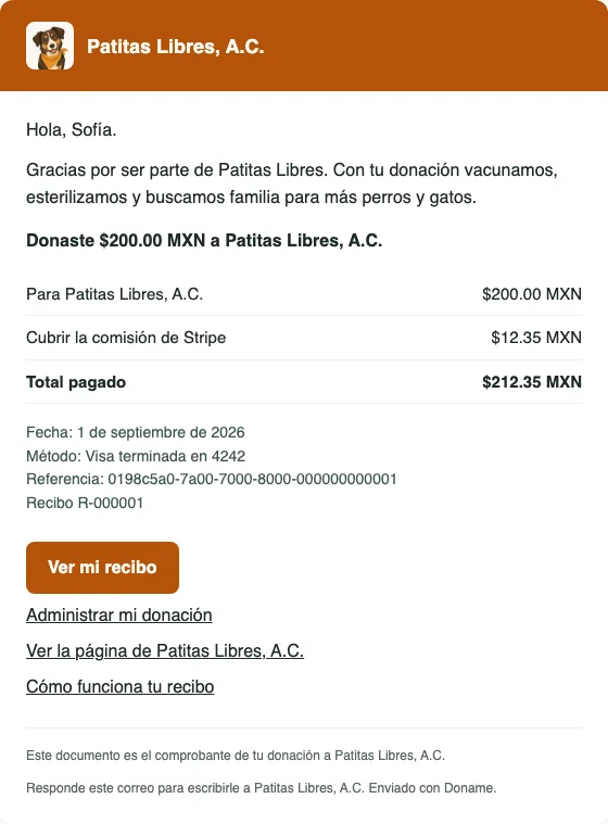Correo de recibo con el agradecimiento, el desglose y el botón para ver el recibo