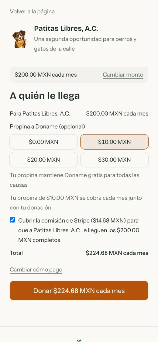 Paso A quién le llega del formulario, con el monto para la causa, la propina, la casilla de cubrir la comisión y el total