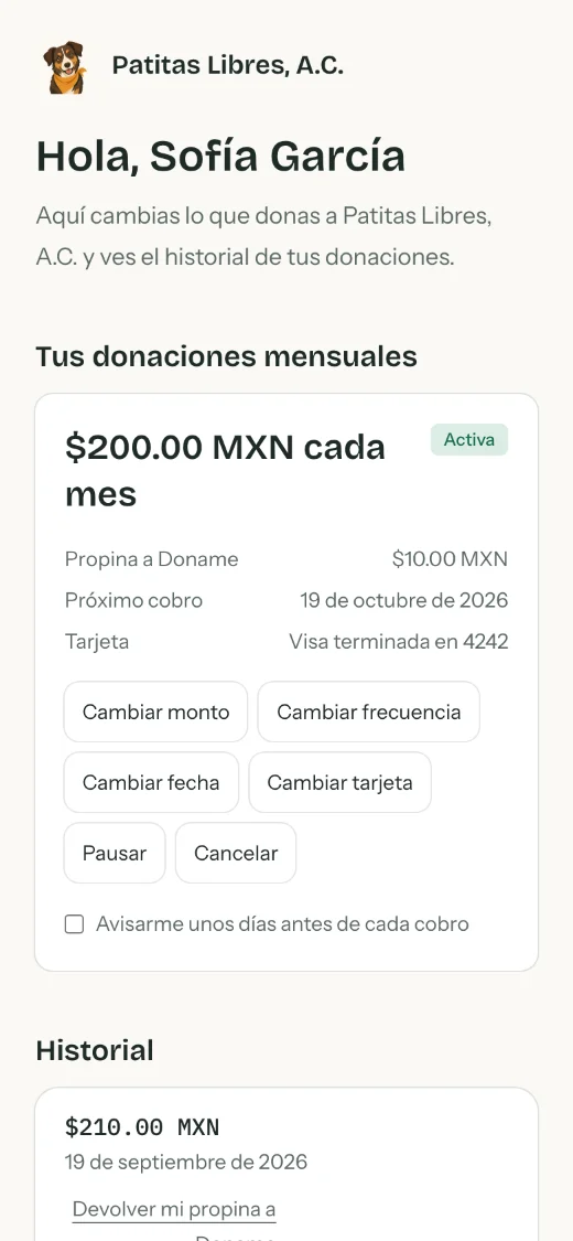 Portal del donante con su donación mensual